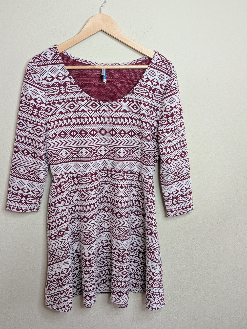 Wallflower Skater Dress XL Burgundy‎ White Aztec Print 3/4 Sleeve